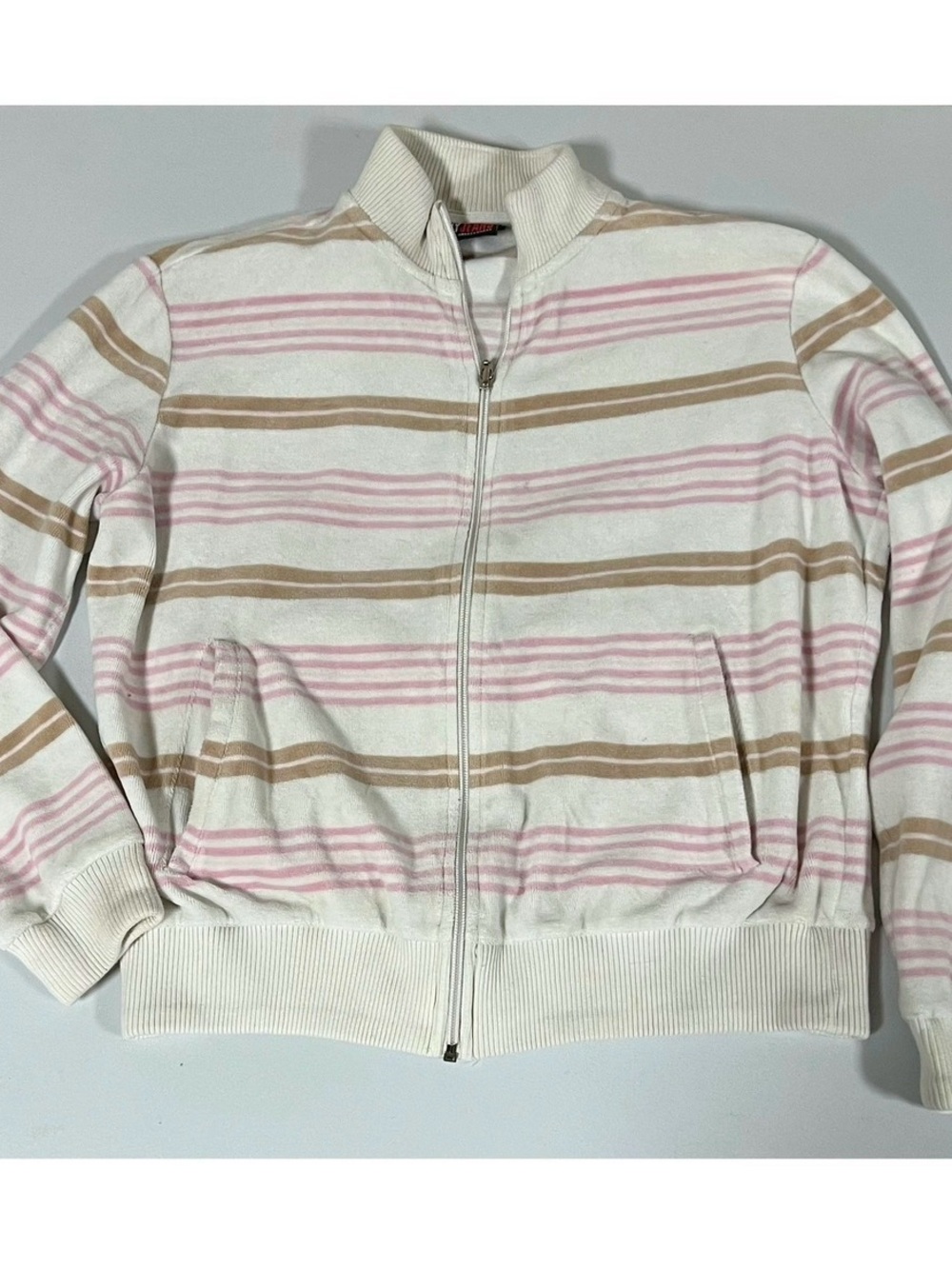 White Tan Pink Striped Velour Zipper Sweater Sweatshirt Track Jacket Size S 🎀✨